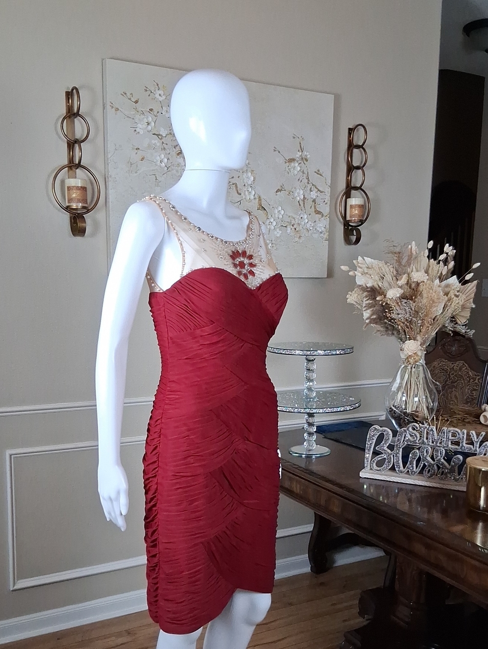 Adrianna Papell Deep Red Beaded Illusion Neck Cocktail Pleated Dress Medium - Picture 12 of 16